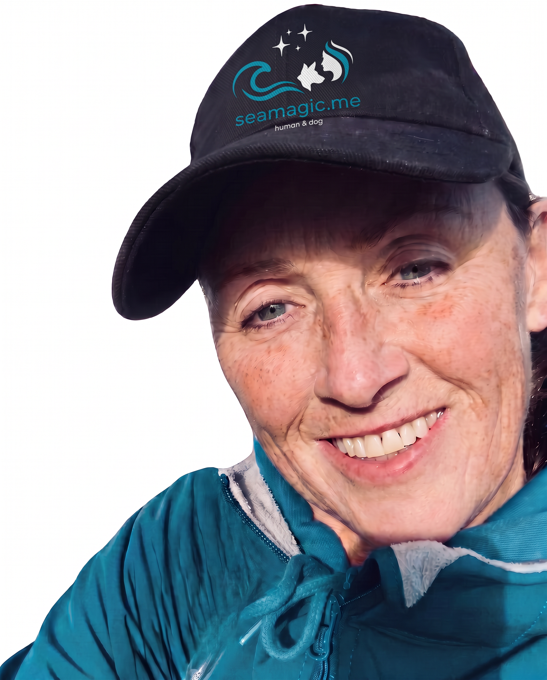 Ingrid Schrik met een petrolkleurige jas en het seamagic.me-symbool op haar pet